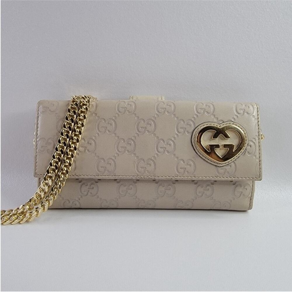 GUCCI Ssima Lovely Heart GG Logo Leather Long Wallet